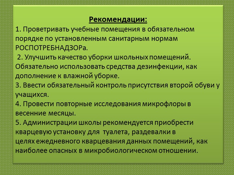 Рекомендации: 1. Проветривать учебные помещения в обязательном порядке по установленным санитарным нормам РОСПОТРЕБНАДЗОРа. 